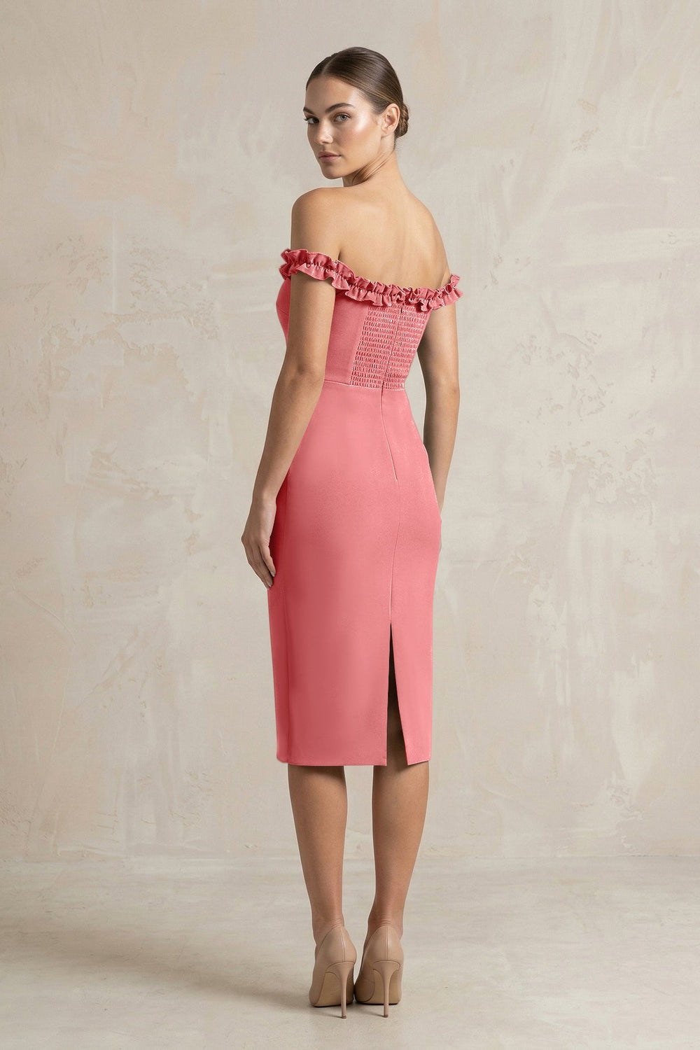 Off - the - Shoulder Sheath Ruffled Midi Bridesmaid Dress in Mulberry - KissProm Bridesmaid Dresses