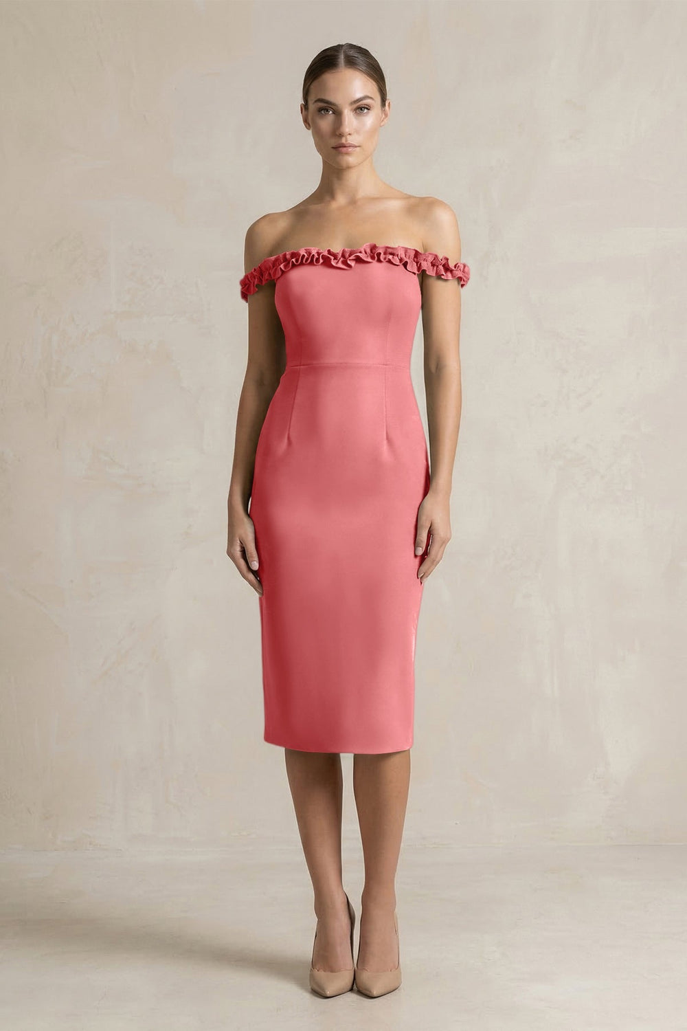 Off - the - Shoulder Sheath Ruffled Midi Bridesmaid Dress in Mulberry - KissProm Bridesmaid Dresses
