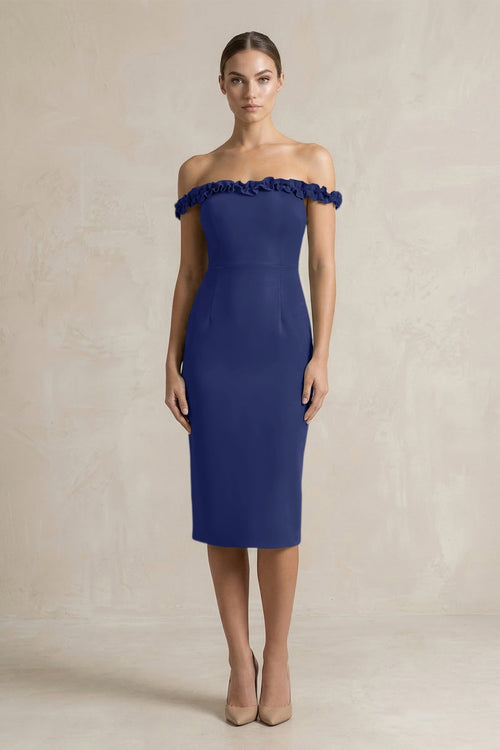 Off - the - Shoulder Sheath Ruffled Midi Bridesmaid Dress in Navy - KissProm Bridesmaid Dresses