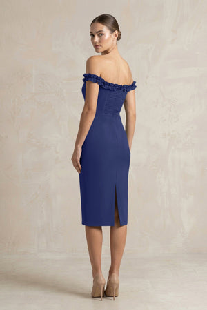 Off - the - Shoulder Sheath Ruffled Midi Bridesmaid Dress in Navy - KissProm Bridesmaid Dresses