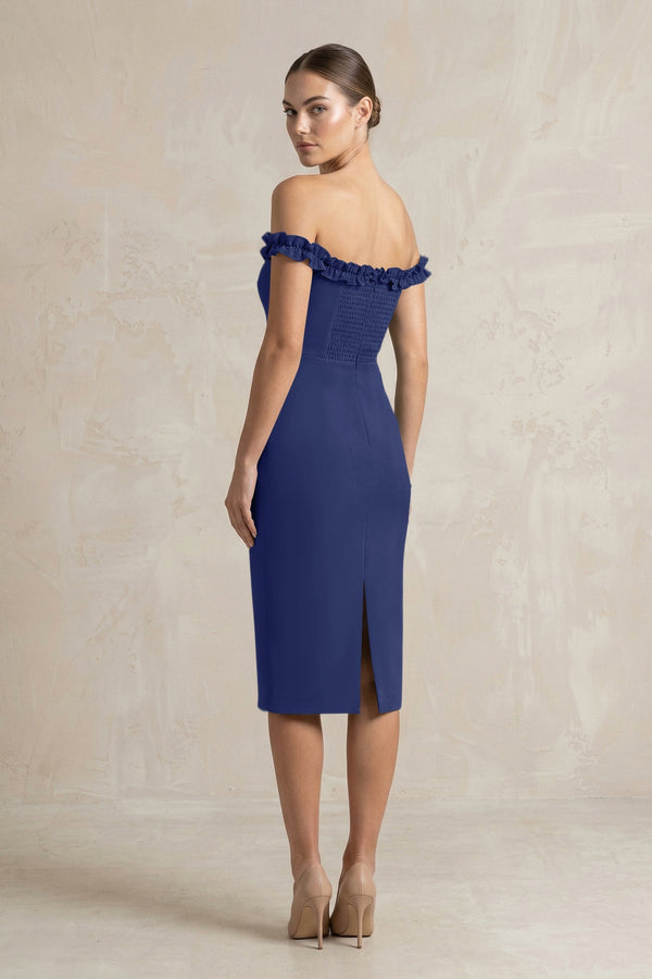 Off - the - Shoulder Sheath Ruffled Midi Bridesmaid Dress in Navy - KissProm Bridesmaid Dresses