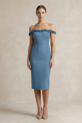 Off - the - Shoulder Sheath Ruffled Midi Bridesmaid Dress in Neptune - KissProm Bridesmaid Dresses