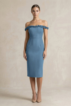 Off - the - Shoulder Sheath Ruffled Midi Bridesmaid Dress in Neptune - KissProm Bridesmaid Dresses