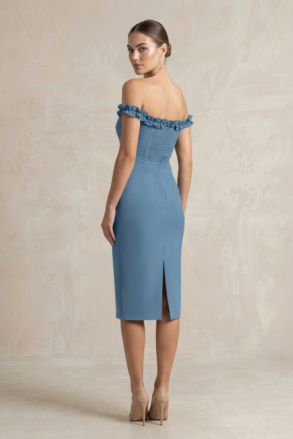 Off - the - Shoulder Sheath Ruffled Midi Bridesmaid Dress in Neptune - KissProm Bridesmaid Dresses