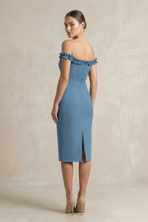 Off - the - Shoulder Sheath Ruffled Midi Bridesmaid Dress in Neptune - KissProm Bridesmaid Dresses