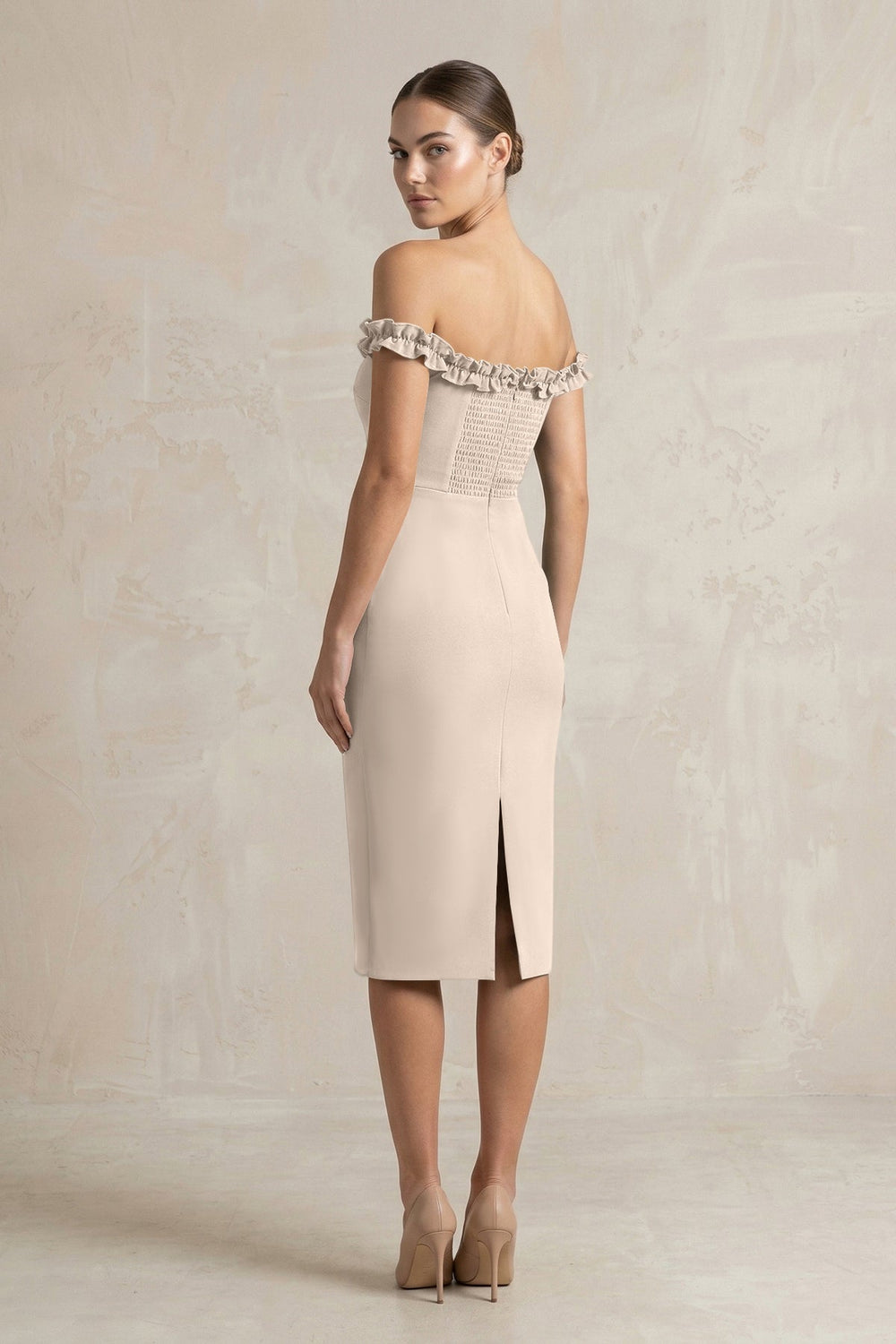 Off - the - Shoulder Sheath Ruffled Midi Bridesmaid Dress in Neutral Champagne - KissProm Bridesmaid Dresses
