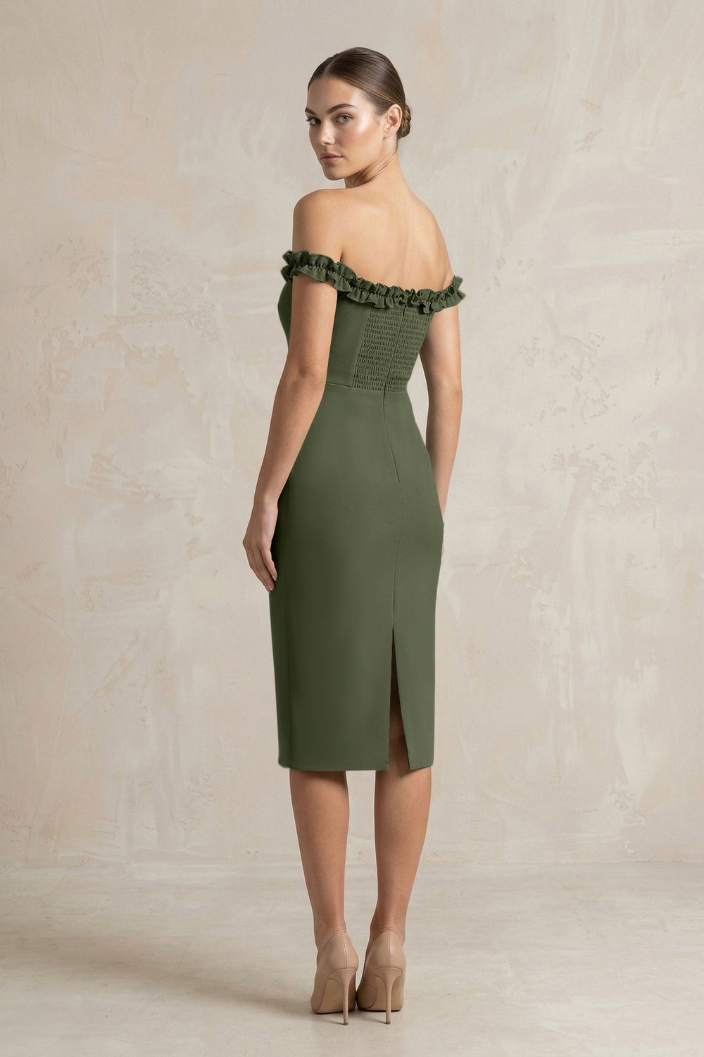 Off - the - Shoulder Sheath Ruffled Midi Bridesmaid Dress in Olive - KissProm Bridesmaid Dresses