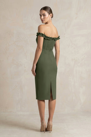 Off - the - Shoulder Sheath Ruffled Midi Bridesmaid Dress in Olive - KissProm Bridesmaid Dresses
