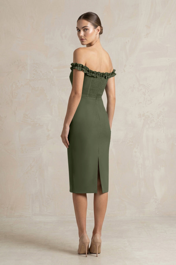 Off - the - Shoulder Sheath Ruffled Midi Bridesmaid Dress in Olive - KissProm Bridesmaid Dresses