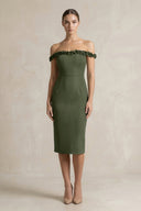 Off - the - Shoulder Sheath Ruffled Midi Bridesmaid Dress in Olive - KissProm Bridesmaid Dresses