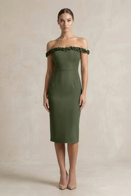 Off - the - Shoulder Sheath Ruffled Midi Bridesmaid Dress in Olive - KissProm Bridesmaid Dresses
