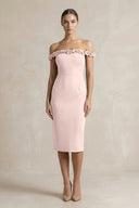 Off - the - Shoulder Sheath Ruffled Midi Bridesmaid Dress in Pale Blush - KissProm Bridesmaid Dresses