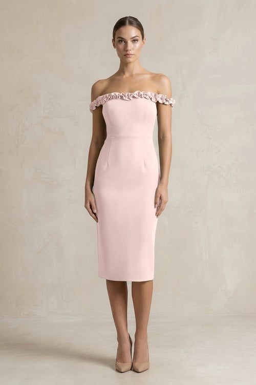 KissProm | Off-the-Shoulder Sheath Ruffled Midi Satin Bridesmaid Dress in