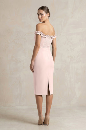 Off - the - Shoulder Sheath Ruffled Midi Bridesmaid Dress in Pale Blush - KissProm Bridesmaid Dresses