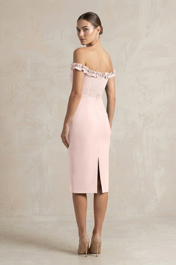 Off - the - Shoulder Sheath Ruffled Midi Bridesmaid Dress in Pale Blush - KissProm Bridesmaid Dresses