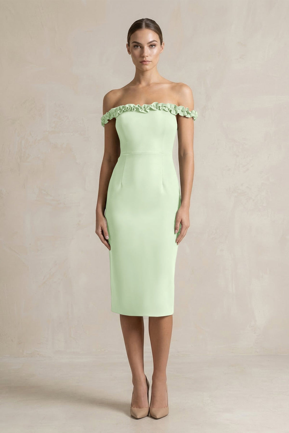 Off - the - Shoulder Sheath Ruffled Midi Bridesmaid Dress in Pale Pistachio - KissProm Bridesmaid Dresses