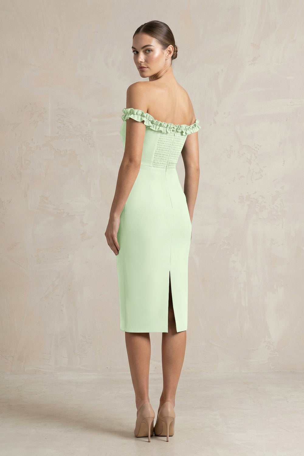 Off - the - Shoulder Sheath Ruffled Midi Bridesmaid Dress in Pale Pistachio - KissProm Bridesmaid Dresses
