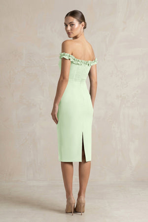 Off - the - Shoulder Sheath Ruffled Midi Bridesmaid Dress in Pale Pistachio - KissProm Bridesmaid Dresses