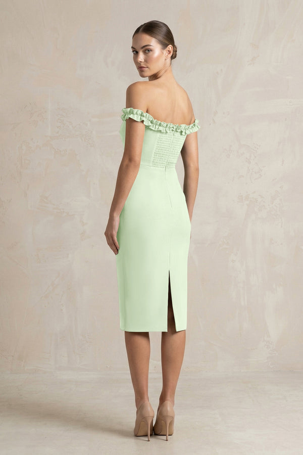 Off - the - Shoulder Sheath Ruffled Midi Bridesmaid Dress in Pale Pistachio - KissProm Bridesmaid Dresses