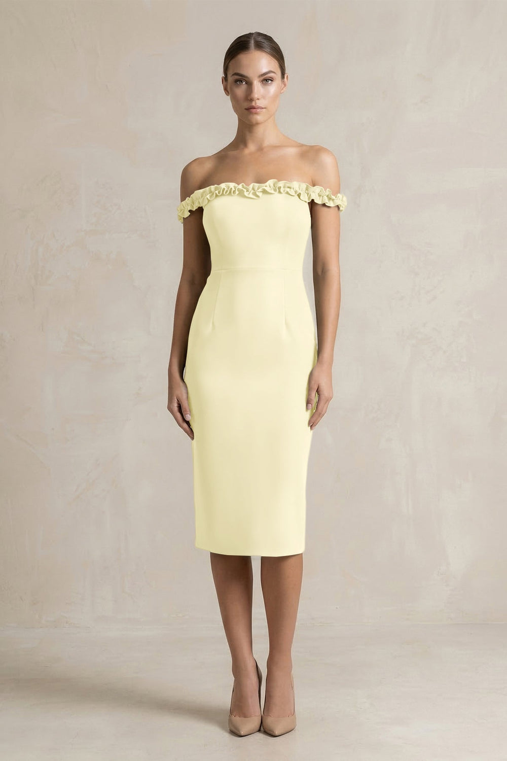 Off - the - Shoulder Sheath Ruffled Midi Bridesmaid Dress in Pastel Yellow - KissProm Bridesmaid Dresses