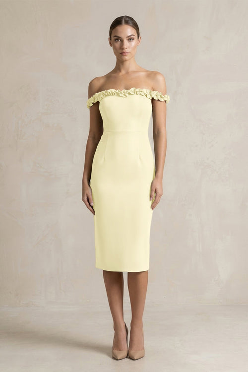 Off - the - Shoulder Sheath Ruffled Midi Bridesmaid Dress in Pastel Yellow - KissProm Bridesmaid Dresses
