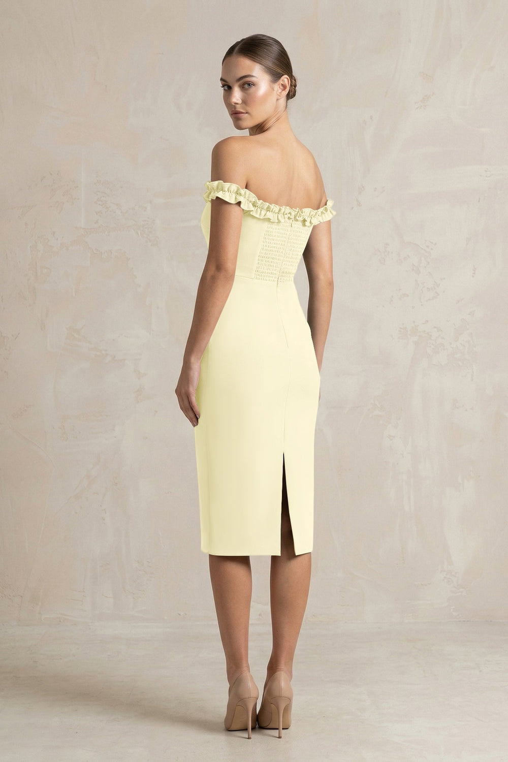 Off - the - Shoulder Sheath Ruffled Midi Bridesmaid Dress in Pastel Yellow - KissProm Bridesmaid Dresses