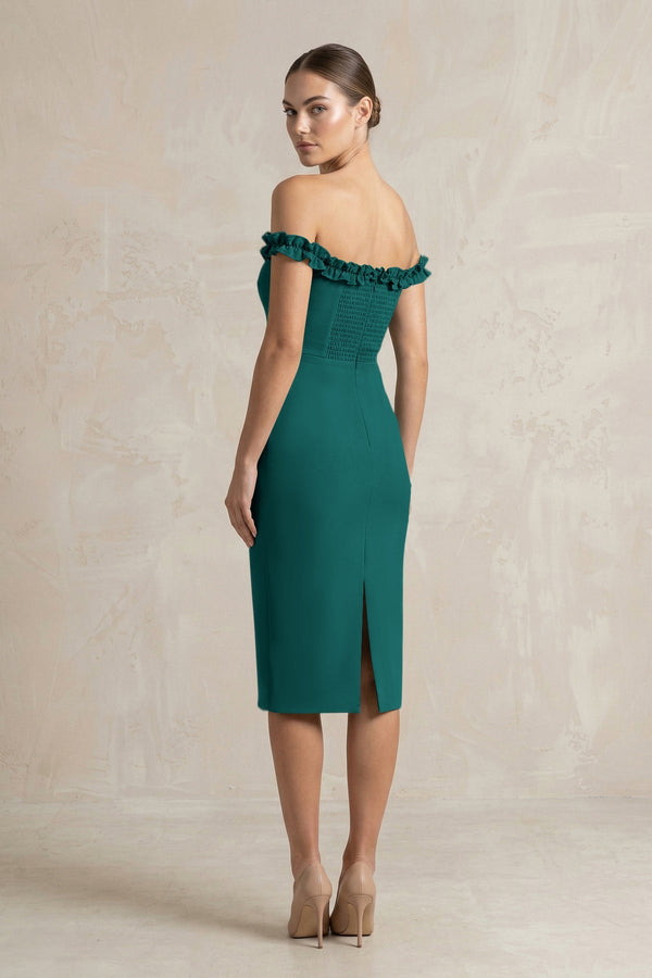 Off - the - Shoulder Sheath Ruffled Midi Bridesmaid Dress in Pine - KissProm Bridesmaid Dresses