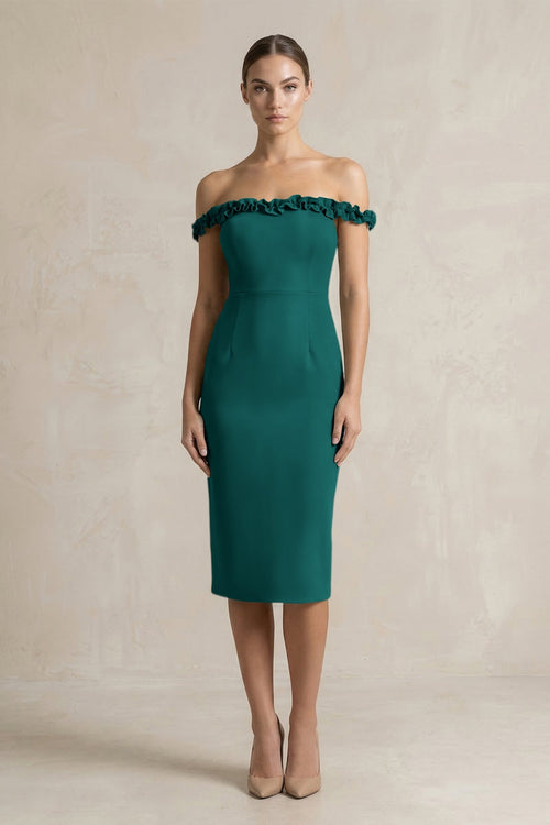 Off - the - Shoulder Sheath Ruffled Midi Bridesmaid Dress in Pine - KissProm Bridesmaid Dresses