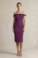 Off - the - Shoulder Sheath Ruffled Midi Bridesmaid Dress in Plum - KissProm Bridesmaid Dresses