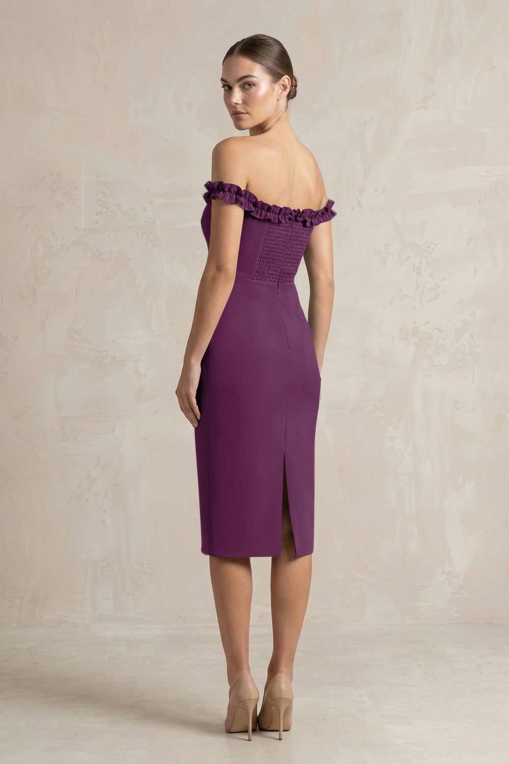 Off - the - Shoulder Sheath Ruffled Midi Bridesmaid Dress in Plum - KissProm Bridesmaid Dresses