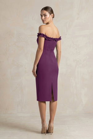 Off - the - Shoulder Sheath Ruffled Midi Bridesmaid Dress in Plum - KissProm Bridesmaid Dresses