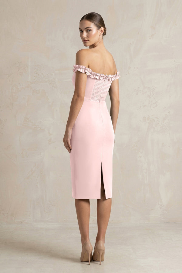 Off - the - Shoulder Sheath Ruffled Midi Bridesmaid Dress in Rose Petal - KissProm Bridesmaid Dresses
