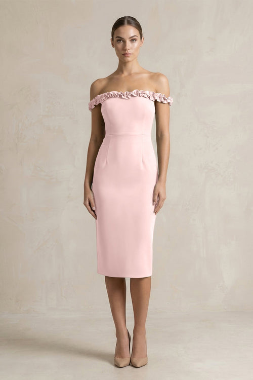 Off - the - Shoulder Sheath Ruffled Midi Bridesmaid Dress in Rose Petal - KissProm Bridesmaid Dresses