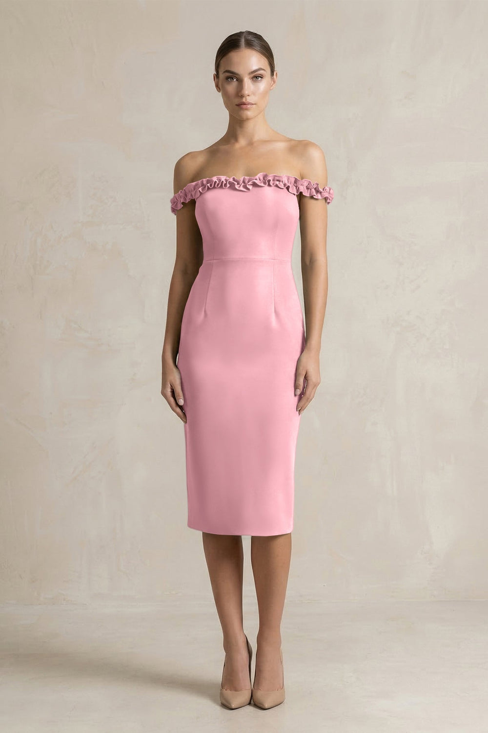 Off - the - Shoulder Sheath Ruffled Midi Bridesmaid Dress in Rosette - KissProm Bridesmaid Dresses