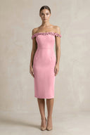 Off - the - Shoulder Sheath Ruffled Midi Bridesmaid Dress in Rosette - KissProm Bridesmaid Dresses