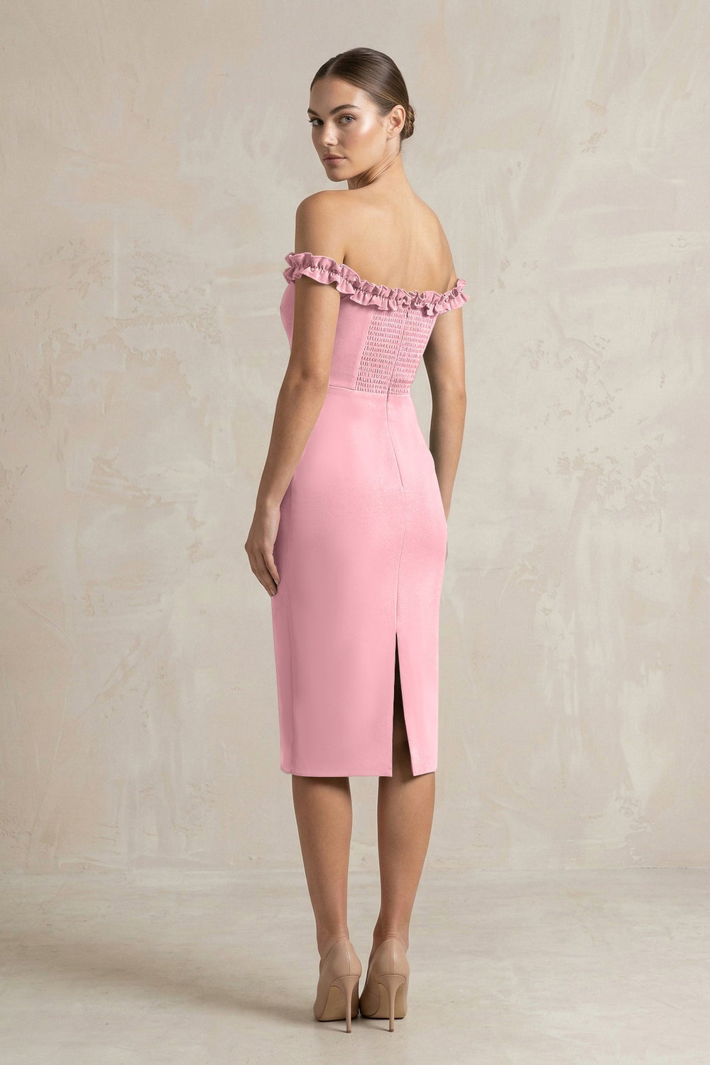 Off - the - Shoulder Sheath Ruffled Midi Bridesmaid Dress in Rosette - KissProm Bridesmaid Dresses
