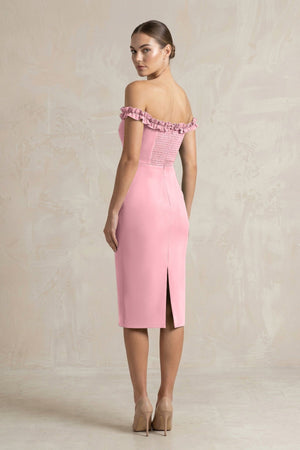 Off - the - Shoulder Sheath Ruffled Midi Bridesmaid Dress in Rosette - KissProm Bridesmaid Dresses