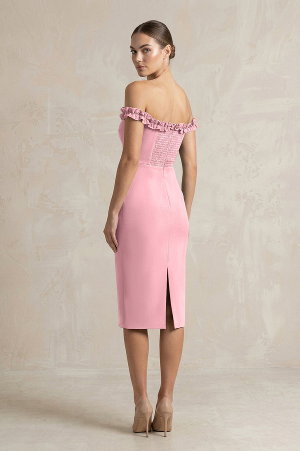 Off - the - Shoulder Sheath Ruffled Midi Bridesmaid Dress in Rosette - KissProm Bridesmaid Dresses