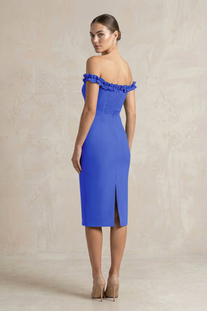 KissProm | Off-the-Shoulder Sheath Ruffled Midi Satin Bridesmaid Dress in Royal Blue KissProm | Off-the-Shoulder Sheath Ruffled Midi Satin Bridesmaid Dress in Royal Blue