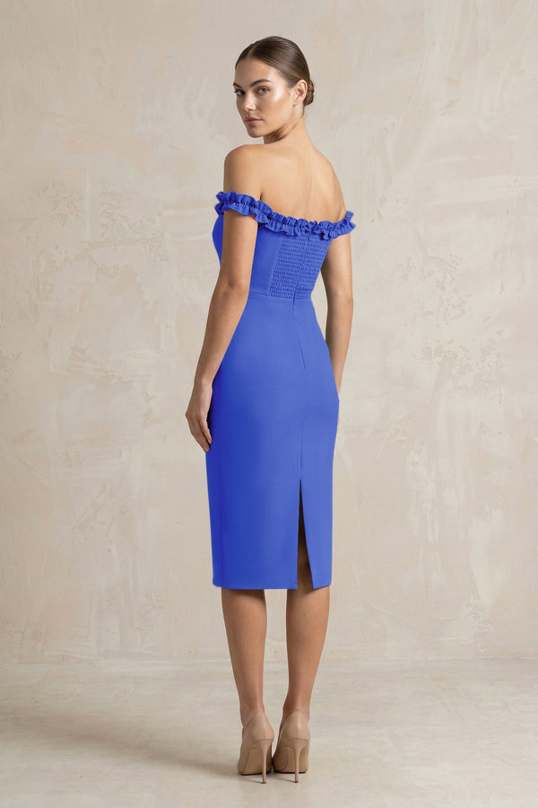 Off - the - Shoulder Sheath Ruffled Midi Bridesmaid Dress in Royal Blue - KissProm Bridesmaid Dresses