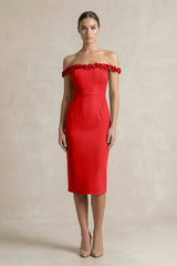 Off - the - Shoulder Sheath Ruffled Midi Bridesmaid Dress in Ruby Red - KissProm Bridesmaid Dresses