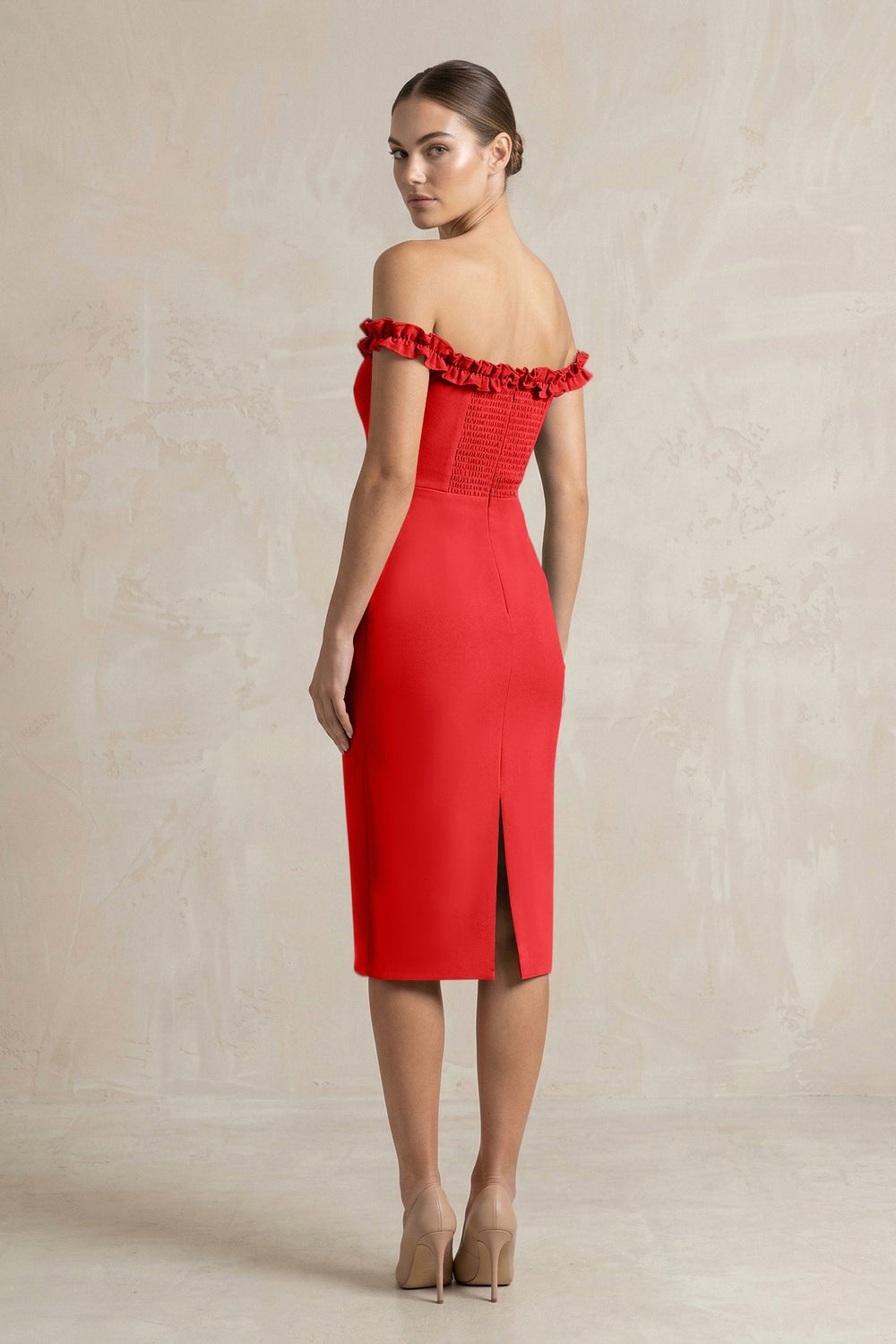 Off - the - Shoulder Sheath Ruffled Midi Bridesmaid Dress in Ruby Red - KissProm Bridesmaid Dresses