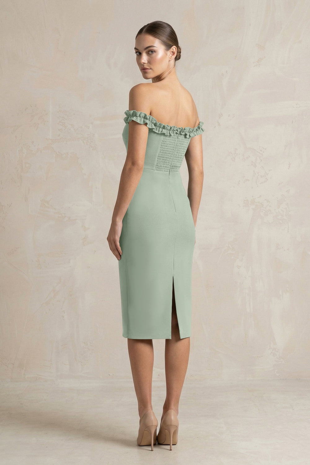 Off - the - Shoulder Sheath Ruffled Midi Bridesmaid Dress in Sage - KissProm Bridesmaid Dresses