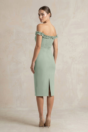 Off - the - Shoulder Sheath Ruffled Midi Bridesmaid Dress in Sage - KissProm Bridesmaid Dresses