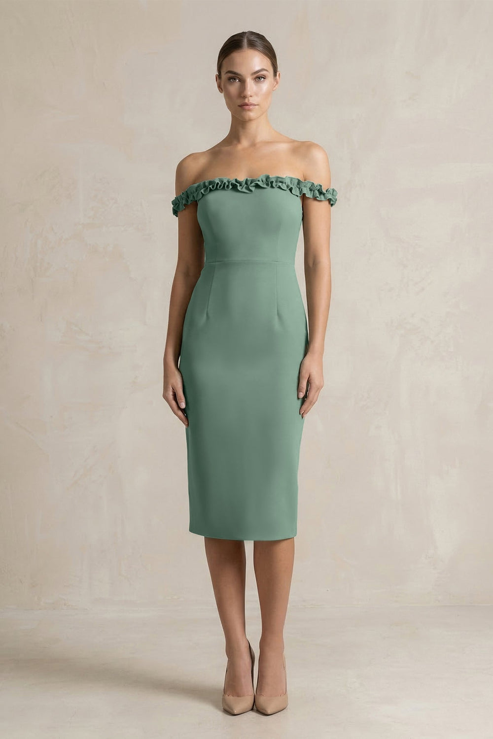 Off - the - Shoulder Sheath Ruffled Midi Bridesmaid Dress in Sea Glass - KissProm Bridesmaid Dresses