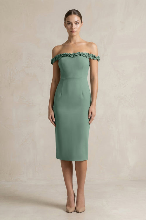 Off - the - Shoulder Sheath Ruffled Midi Bridesmaid Dress in Sea Glass - KissProm Bridesmaid Dresses