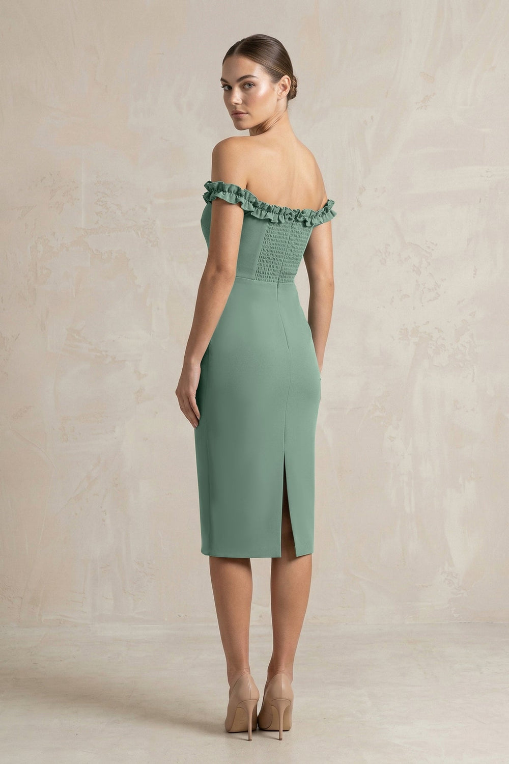 Off - the - Shoulder Sheath Ruffled Midi Bridesmaid Dress in Sea Glass - KissProm Bridesmaid Dresses