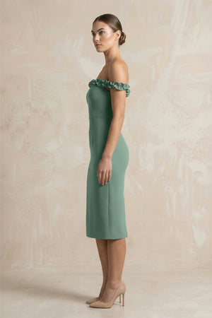 Off - the - Shoulder Sheath Ruffled Midi Bridesmaid Dress in Sea Glass - KissProm Bridesmaid Dresses