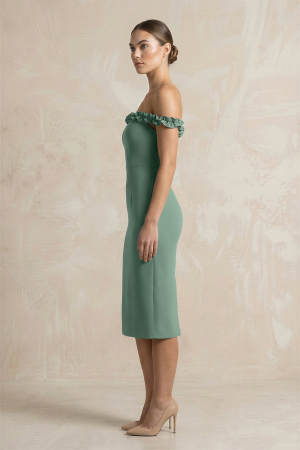 sea off shoulder dress Off-the-Shoulder Sheath Ruffled Midi Bridesmaid Dress in Sea Glass