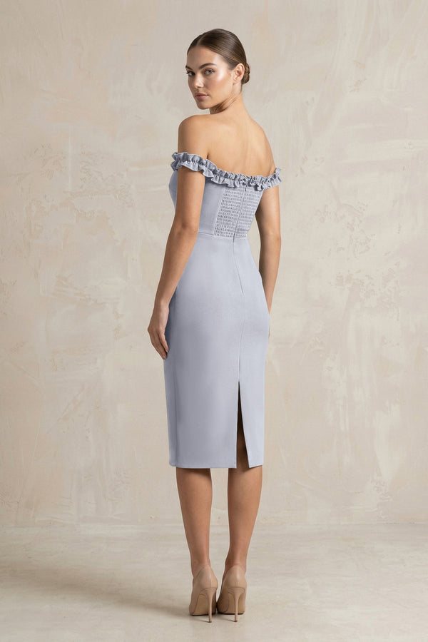 Off-the-Shoulder Sheath Ruffled Midi Bridesmaid Dress in Silver Off-the-Shoulder Sheath Ruffled Midi Bridesmaid Dress in Silver